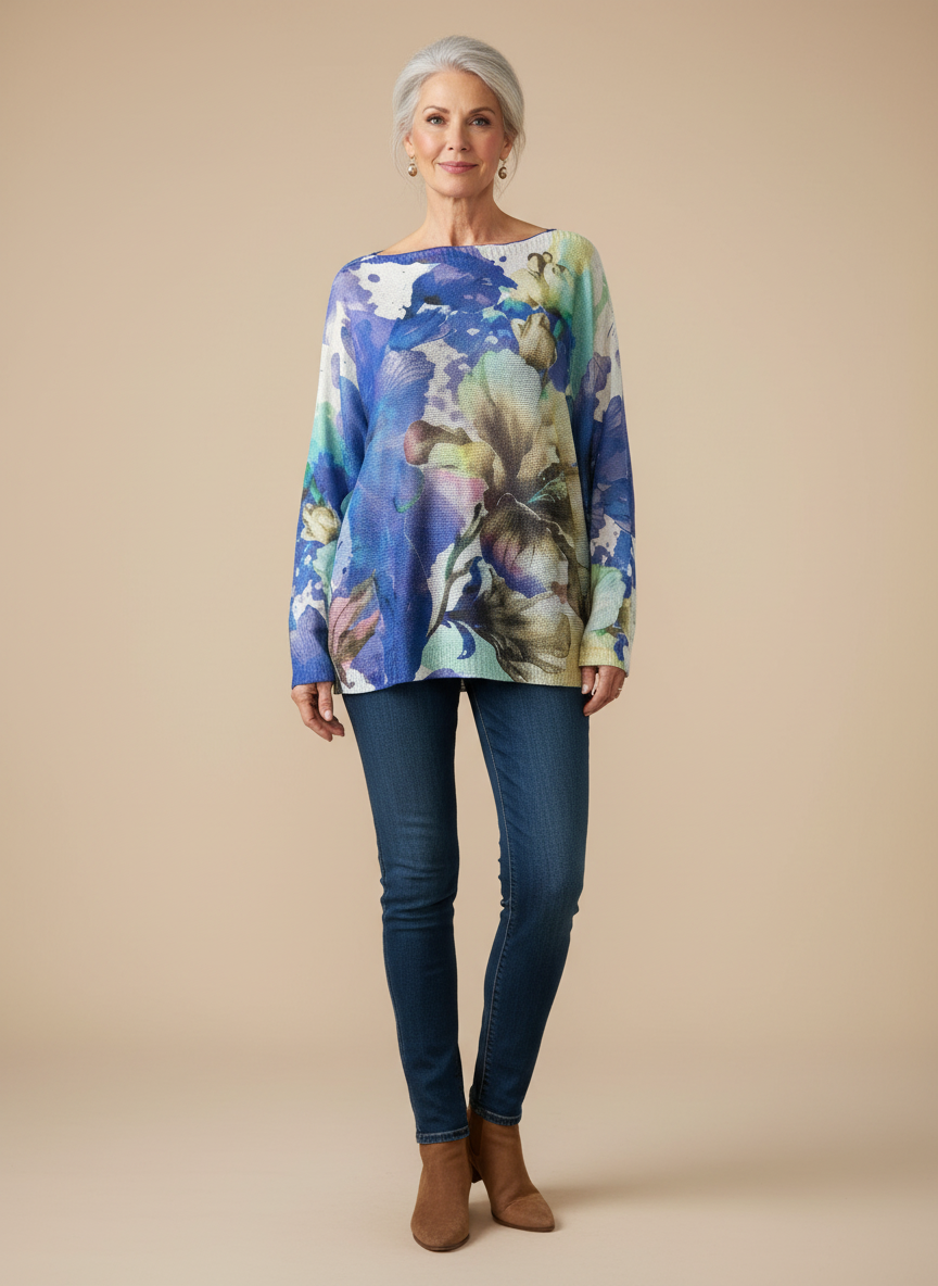 Italian Knit Sweater – Blue Violet Floral Watercolor | Made in Italy | RARE SHION